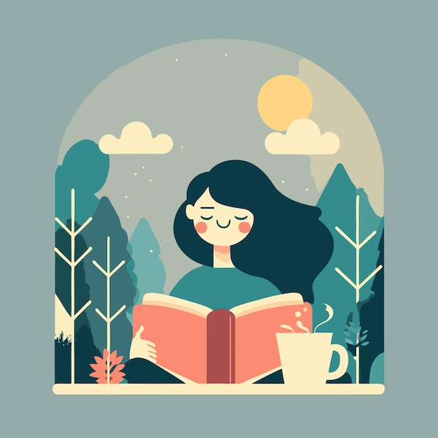 Vetor a jovem gosta de sentar-se lendo a ilustração vetorial do conceito hygge do livro