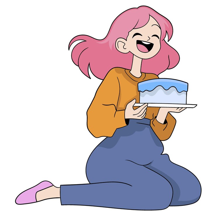 Vetor a jovem mãe está sentada a rir felizmente carregando um bolo de torta uma agradável surpresa de aniversário