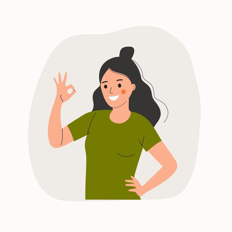 A jovem mulher feliz mostra o sinal de Ok Vector a ilustração dos desenhos animados de estilo simples