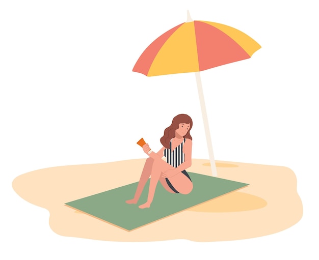 A jovem mulher na praia senta-se na esteira e usa protetor solar ilustração em vetor plano