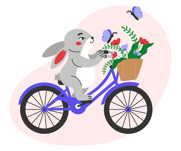 Vetor a lebre anda de bicicleta com cesta de flores ilustração vetorial plana no fundo branco