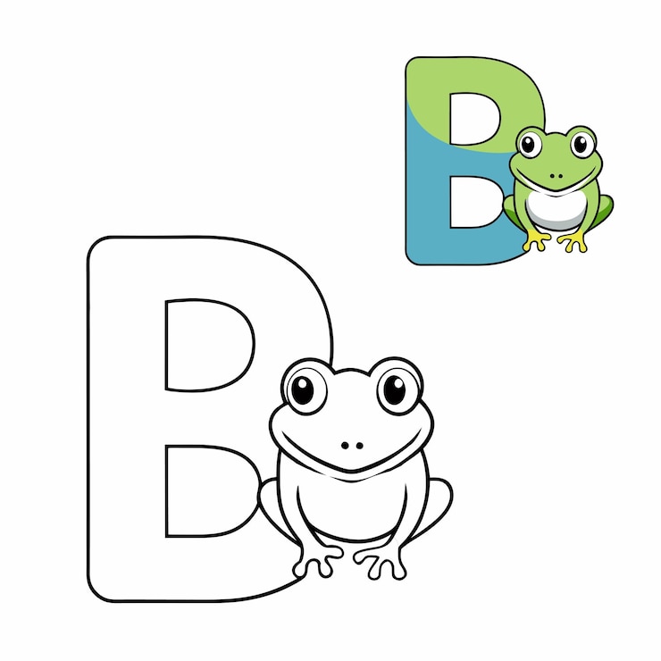 Vetor a letra b do alfabeto com uma linda sapo-touro página de coloração perfeito para as crianças aprenderem e se divertirem a colorir