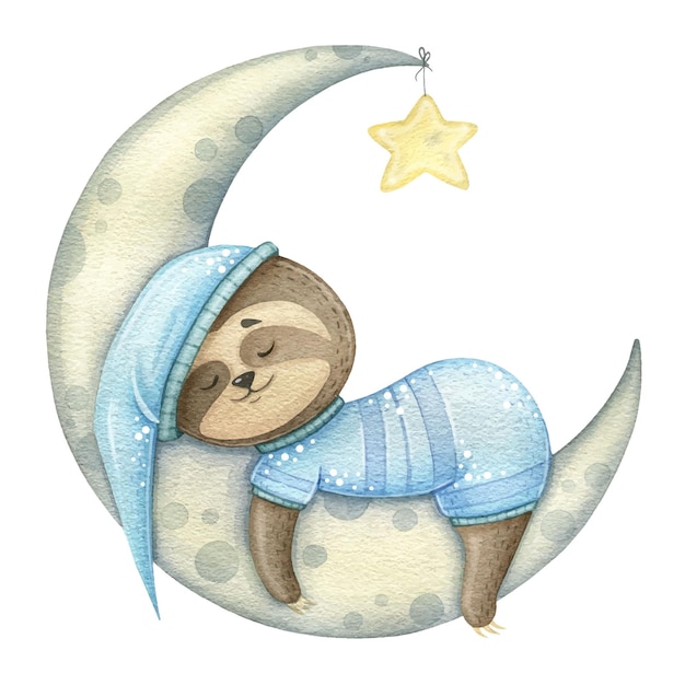 A linda preguiça dorme por um mês, a lua de pijama. Ilustração infantil em aquarela para impressão ou têxteis.