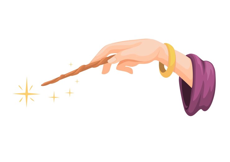 Vetor a mão da bruxa segura a varinha mágica símbolo ilustração de desenho animado vector