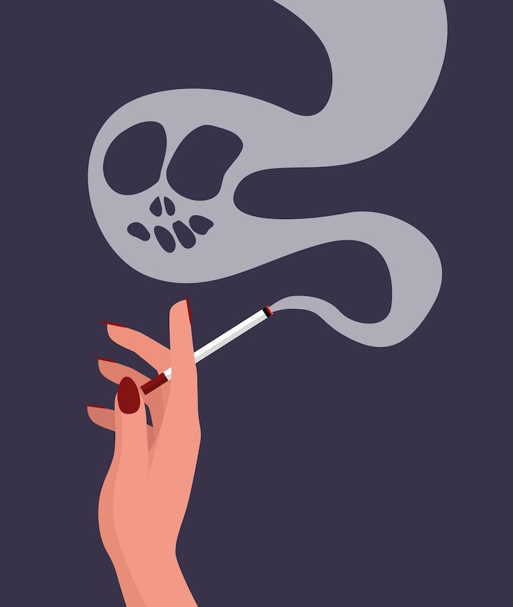 Vetor a mão da mulher segura um ícone de cigarro com um símbolo de crânio ou forma de fumaça formada pelo crânio morto
