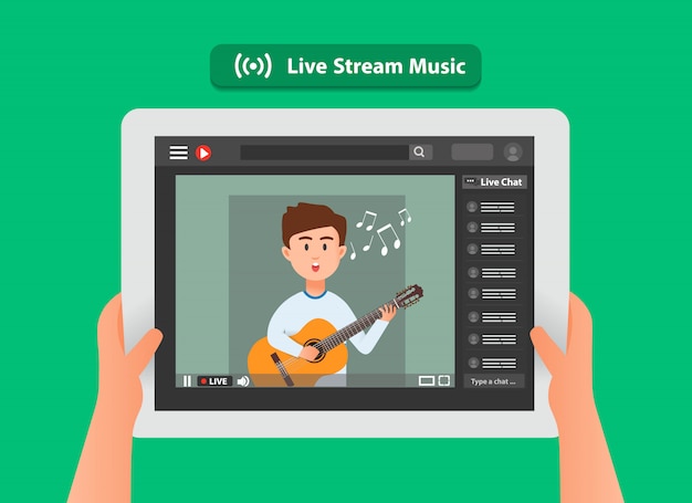 A mão de alguém segurando um tablet e assistindo música ao vivo on-line