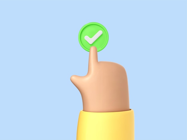 Vetor a mão dos desenhos animados 3d pressiona o botão verde com a marca de seleção aceitando o conceito de acordo o dedo seleciona a resposta correta bem-sucedida ilustração 3d do vetor