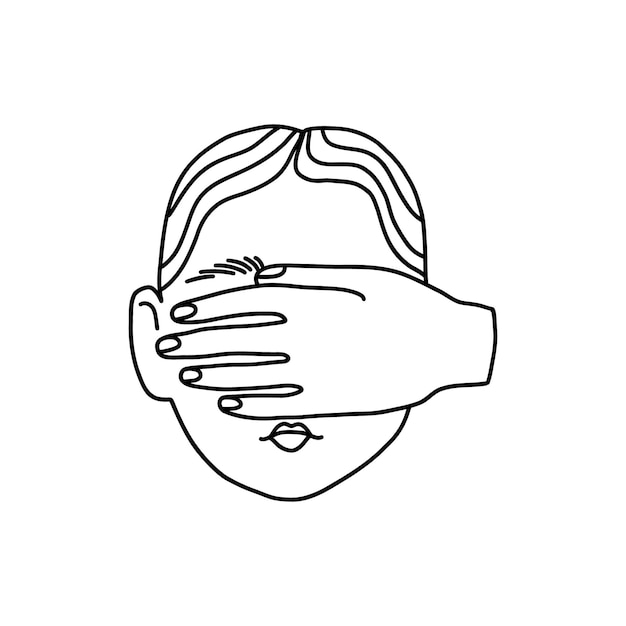 Vetor a mão fecha os olhos doodle cabeça de uma pessoa cega mão cobrindo os olhos de eventos desnecessários