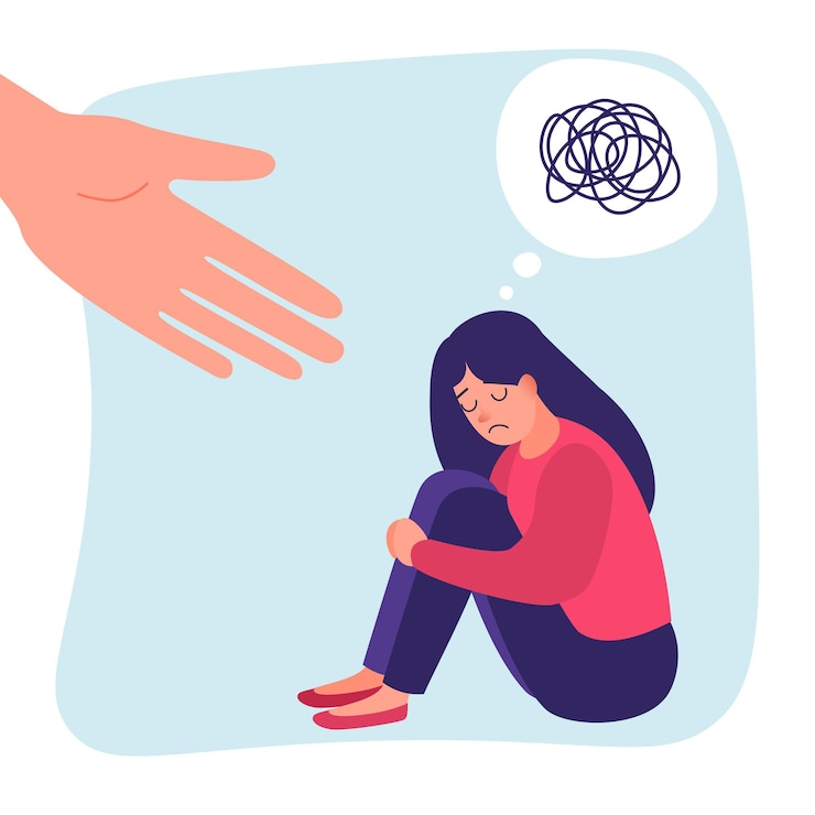 Vetor a mão humana ajuda. mulher triste e solitária em depressão. transtorno de ansiedade. linha bagunçada insana. conceito de ajuda do vetor. menina estressante com linhas bagunçadas