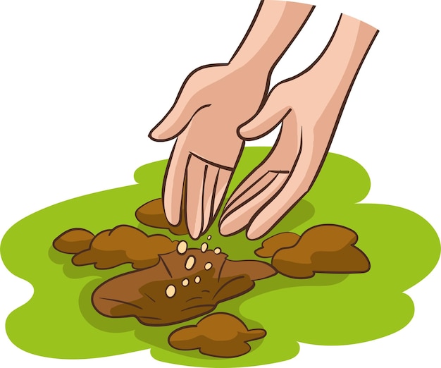A mão humana jogando sementes de plantas O conceito de jardinagem e sementeira Vector isolado desenho animado illust