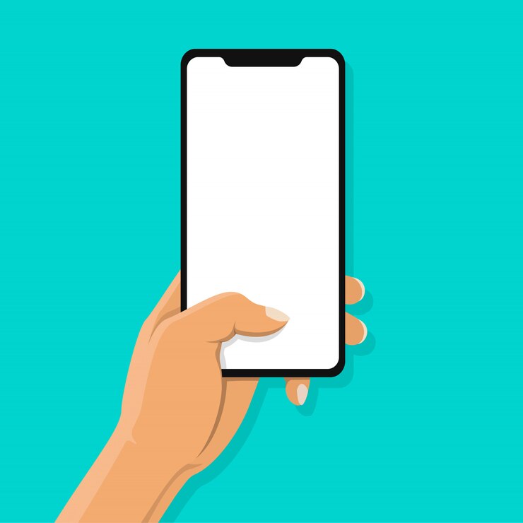 Vetor a mão que guarda o smartphone e o dedo pretos toca na tela branca em branco sobre fundo azul.