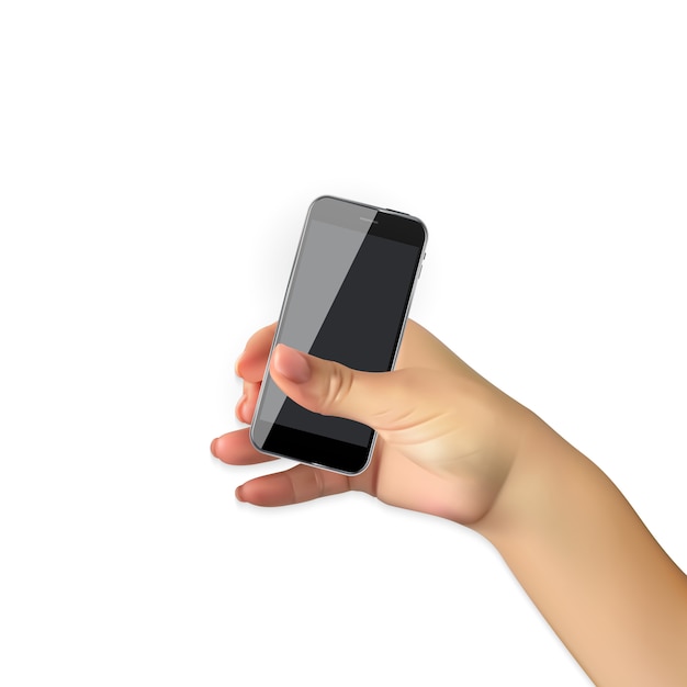 A mão realística do homem prende o telefone móvel, smartphone isolado no branco.
