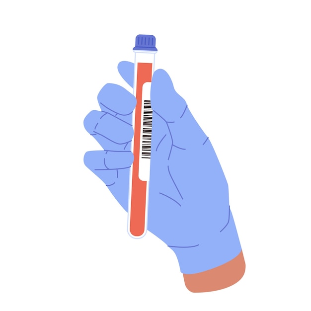 A mão segura um tubo de ensaio com sangue em fundo branco Análise de sangue