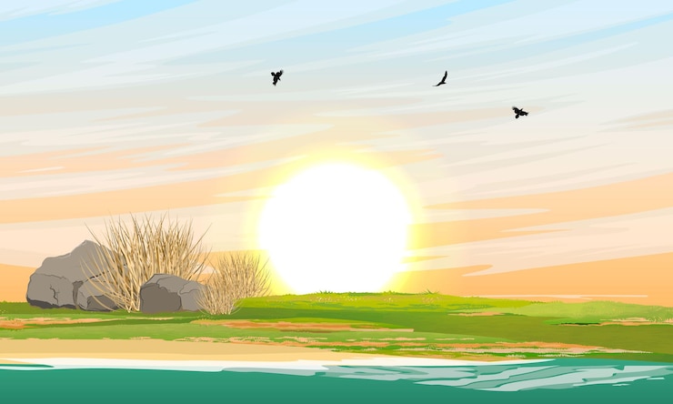 Vetor a margem do reservatório ao pôr do sol paisagem vetorial realista