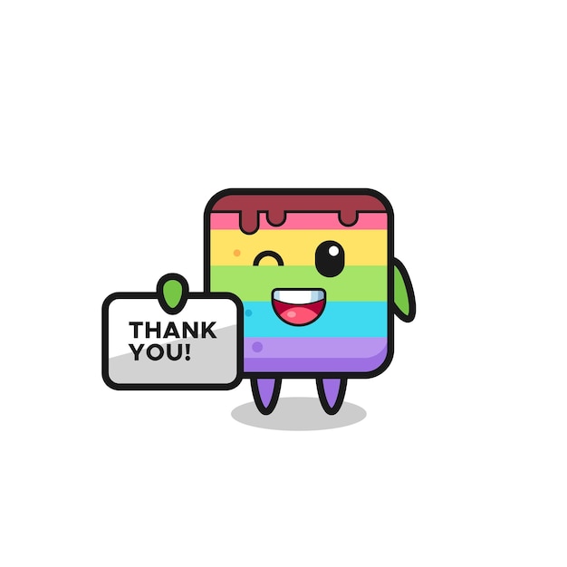 A mascote do bolo arco-íris segurando uma faixa que diz obrigado, design de estilo fofo para camiseta, adesivo, elemento de logotipo