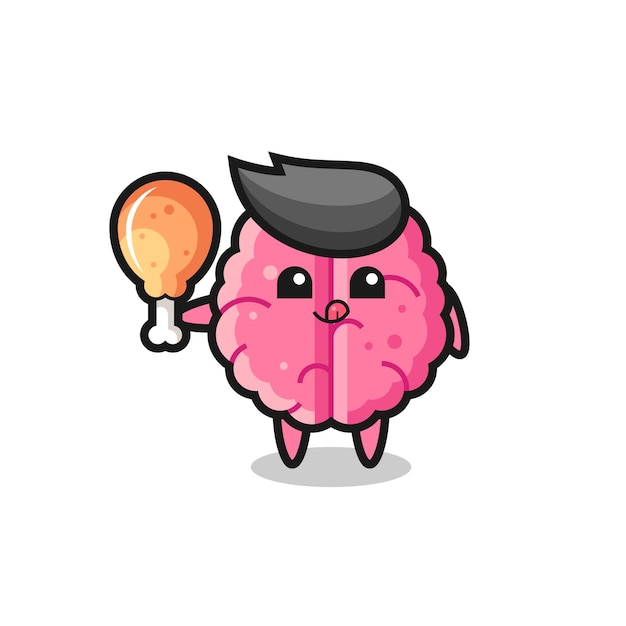 A mascote fofa do cérebro está comendo um frango frito, design de estilo fofo para camiseta, adesivo, elemento de logotipo