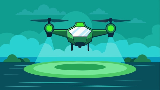 Vetor À medida que o evtol paira acima das águas calmas, a sua plataforma de aterragem ilumina-se num verde vibrante guiando o