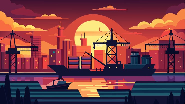 Vetor à medida que o sol começa a se pôr, o porto industrial se transforma em uma hipnotizante exibição de luzes, enquanto os guindastes são iluminados e os navios de carga estão brilhando, criando uma atmosfera sobrenatural.