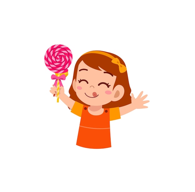 A menina come pirulito doce e sente-se feliz