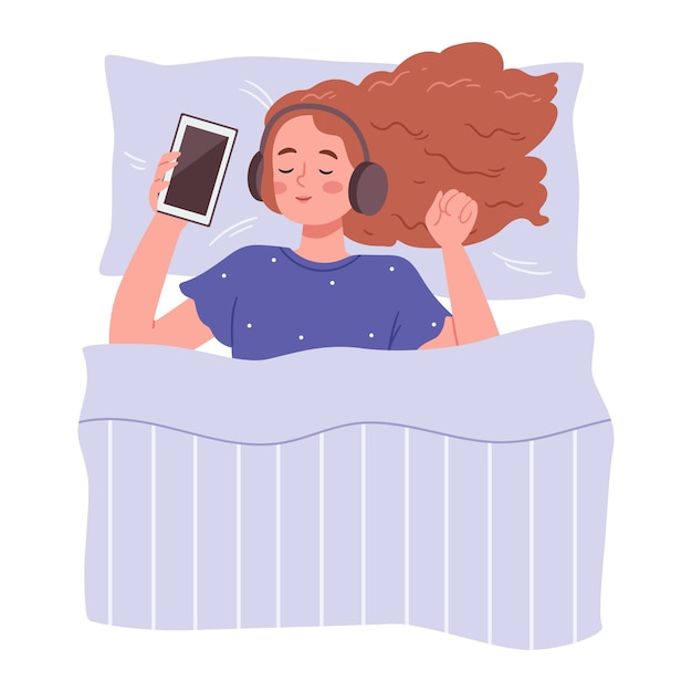 A menina dorme na cama e ouve música através de fones de ouvido sono saudável relaxamento restaurar o conceito de energia