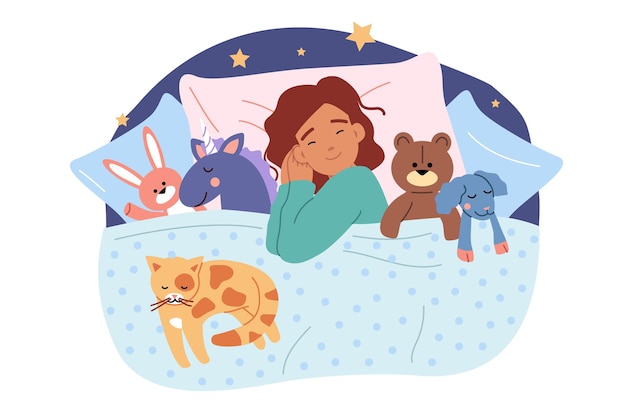 A menina dorme na cama entre brinquedos de pelúcia e sonha enquanto descansa depois de uma caminhada de dia