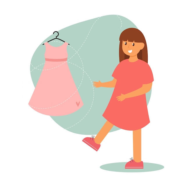 A menina escolhe um vestido para a festa de aniversário. Um vestido rosa pendurado num gancho com um coração bonito.