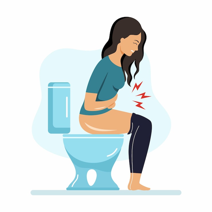 Vetor a menina está com dor abdominal. mulher está sentada no banheiro. obstipação e hemorróidas. problemas com defecação.