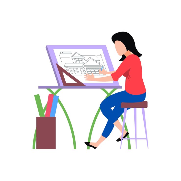 Vetor a menina está esboçando o projeto da casa