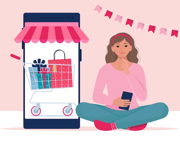 A menina está fazendo compras via smartphone. venda do dia dos namorados, conceito de compra online. ilustração em estilo simples