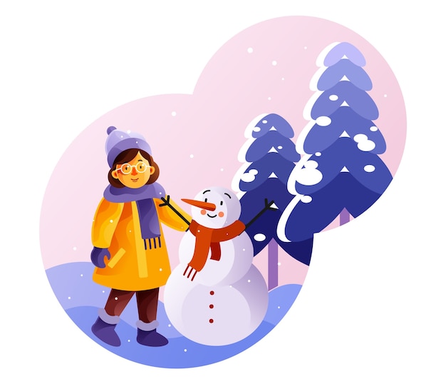 A menina está perto de um boneco de neve