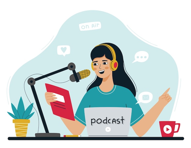 A menina lê as notícias fala no microfone hospeda um podcast ou programa on-line Uma mulher no estúdio está gravando um podcast O conceito de podcasting blogging transmissão de rádio Ilustração vetorial