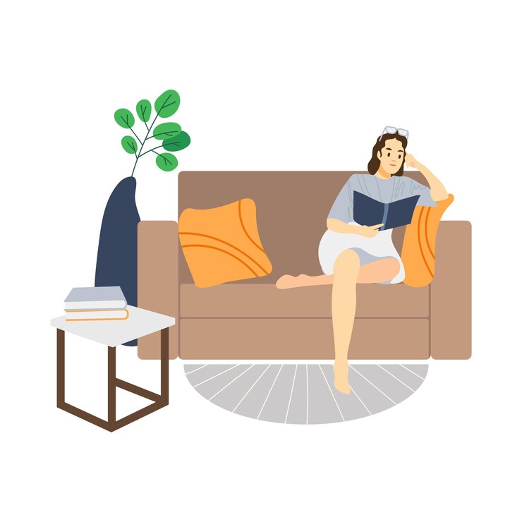 Vetor a menina senta no sofá e lê lendo um livro em casa relaxamento o passatempo xa