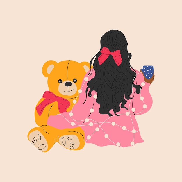 A menina senta-se com um ursinho de pelúcia envolto em uma guirlanda. vetor em estilo cartoon.