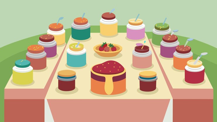 Vetor a mesa está alinhada com mini frascos de várias geleias e se espalha perfeito para encher cupcakes com um