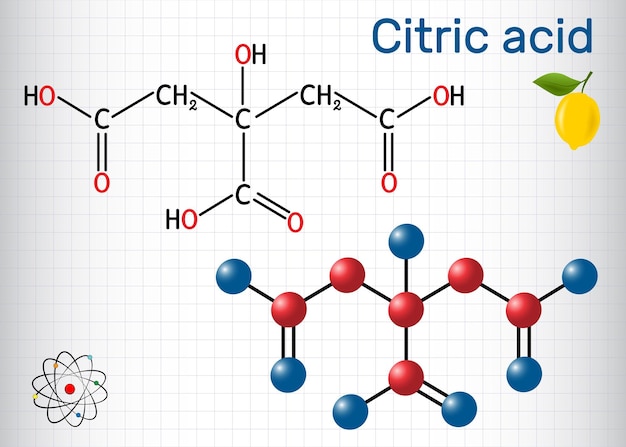 A molécula de ácido cítrico é encontrada em frutas cítricas, limões e limões