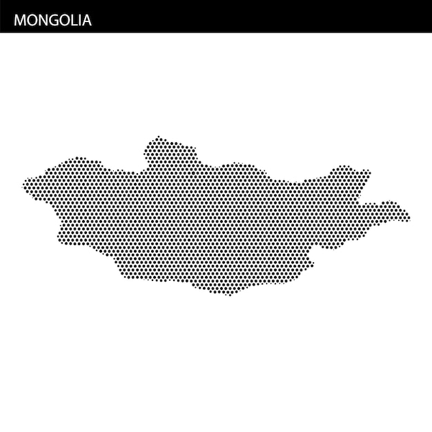 A Mongólia destacada em uma representação de mapa hexagonal pontilhada com elementos de design abstratos