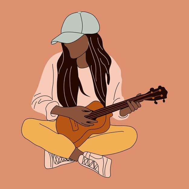 Vetor a mulher bonita nova toca uma guitarra. ilustrações vetoriais desenhadas à mão