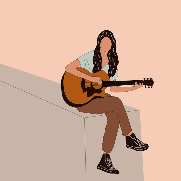 A mulher bonita nova toca uma guitarra. Ilustrações vetoriais desenhadas à mão