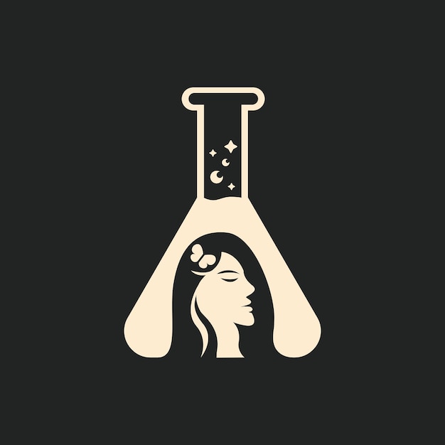 A mulher e a garrafa de laboratório misturam a ilustração do logotipo no estilo minimalista