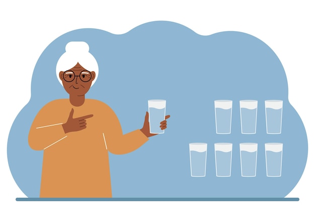 A mulher está segurando um copo de água Infográfico de equilíbrio de água 8 copos de água todos os dias Estilo de vida saudável