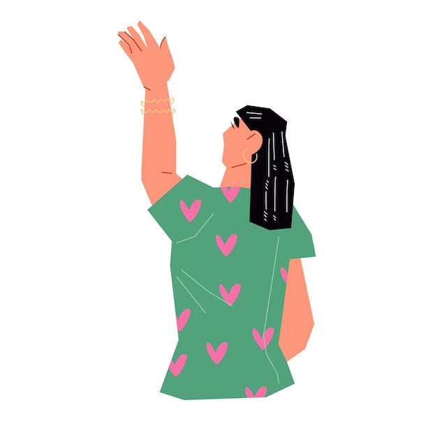 Vetor a mulher fica de costas e espera levantar a mão em saudação ou gesto de adeus ilustração vetorial plana isolada em um fundo branco mulher acenando a mão