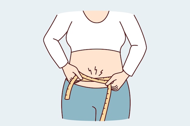 Vetor a mulher quer perder quilos extras mede o tamanho da cintura para acompanhar o resultado do treinamento imagem vetorial