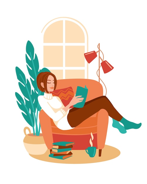 Vetor a mulher senta-se em uma cadeira e lê livros interessantes. dia mundial do livro ilustração em vetor.