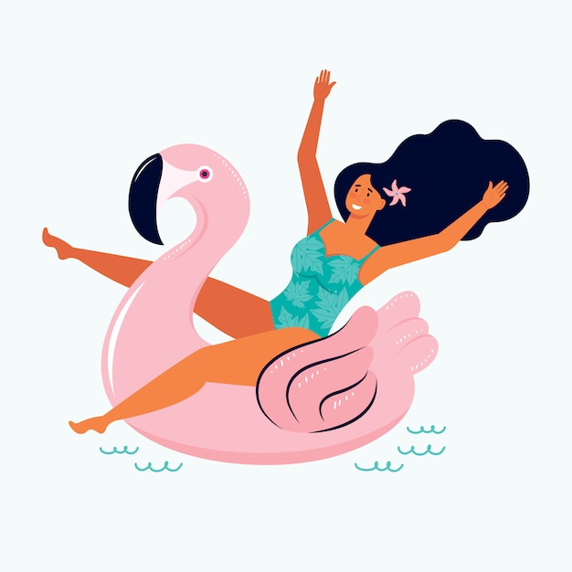 A mulher sexy em um traje de banho flutua em um flutuador inflável do flamingo cor-de-rosa no mar. Mão desenhada personagem feminina na piscina de verão ou na festa na praia. Brinquedo de água inflável em vetor. Horário de verão. Corpo positivo