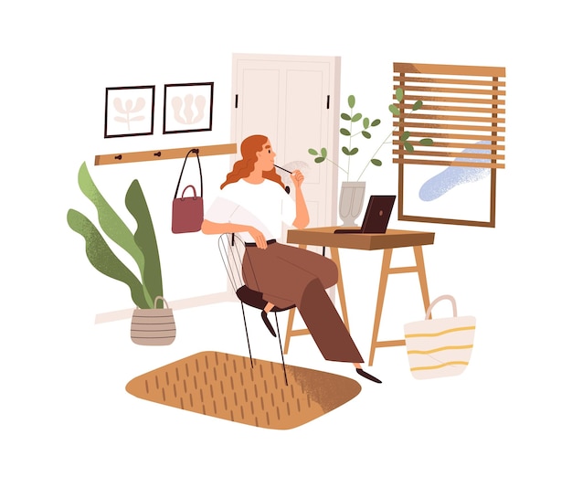 A mulher trabalha com o laptop na mesa, olhando pela janela e pensando. Pessoa criativa sentada à mesa no escritório doméstico. Local de trabalho remoto. Ilustração em vetor plana isolada no fundo branco.