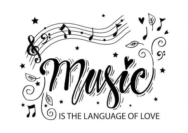 A música é a linguagem do amor. mão lettering citação motivacional.