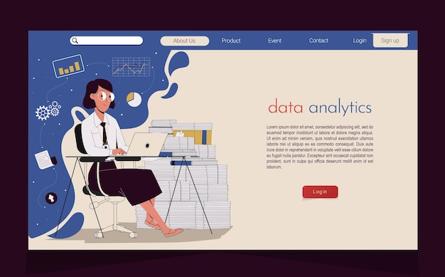 Vetor a página de destino com uma analista de dados feminina na frente do laptop