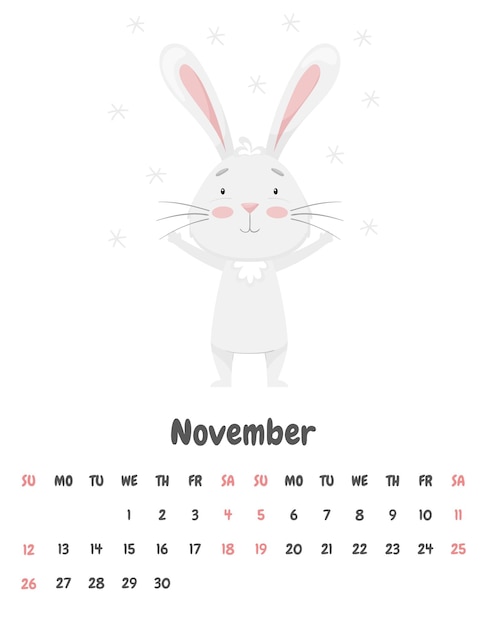 A página do calendário para o mês de novembro de 2023 com um lindo coelho sorridente, regozijando-se nos flocos de neve voadores Personagem animal adorável em cores pastel Ilustração vetorial em um fundo branco
