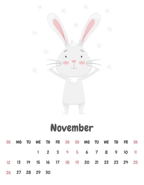 A página do calendário para o mês de novembro de 2023 com um lindo coelho sorridente, regozijando-se nos flocos de neve voadores personagem animal adorável em cores pastel ilustração vetorial em um fundo branco