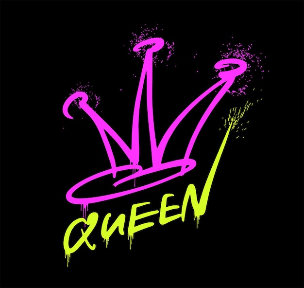 Vetor a palavra rainha em fundo preto rosa e amarelo a coroa é um símbolo do feminismo